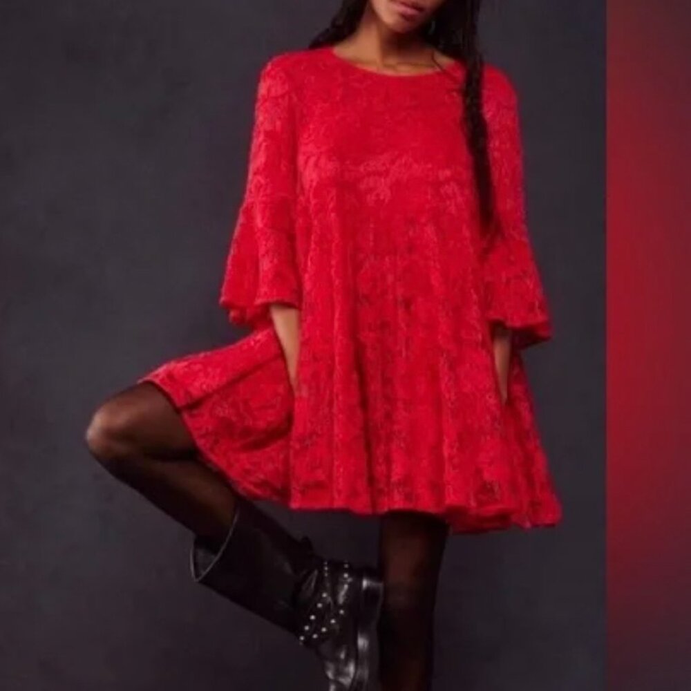 Lipstick Red Free People Le Fleur Lace Babydoll Mini Swing Dress | XS | NWOT